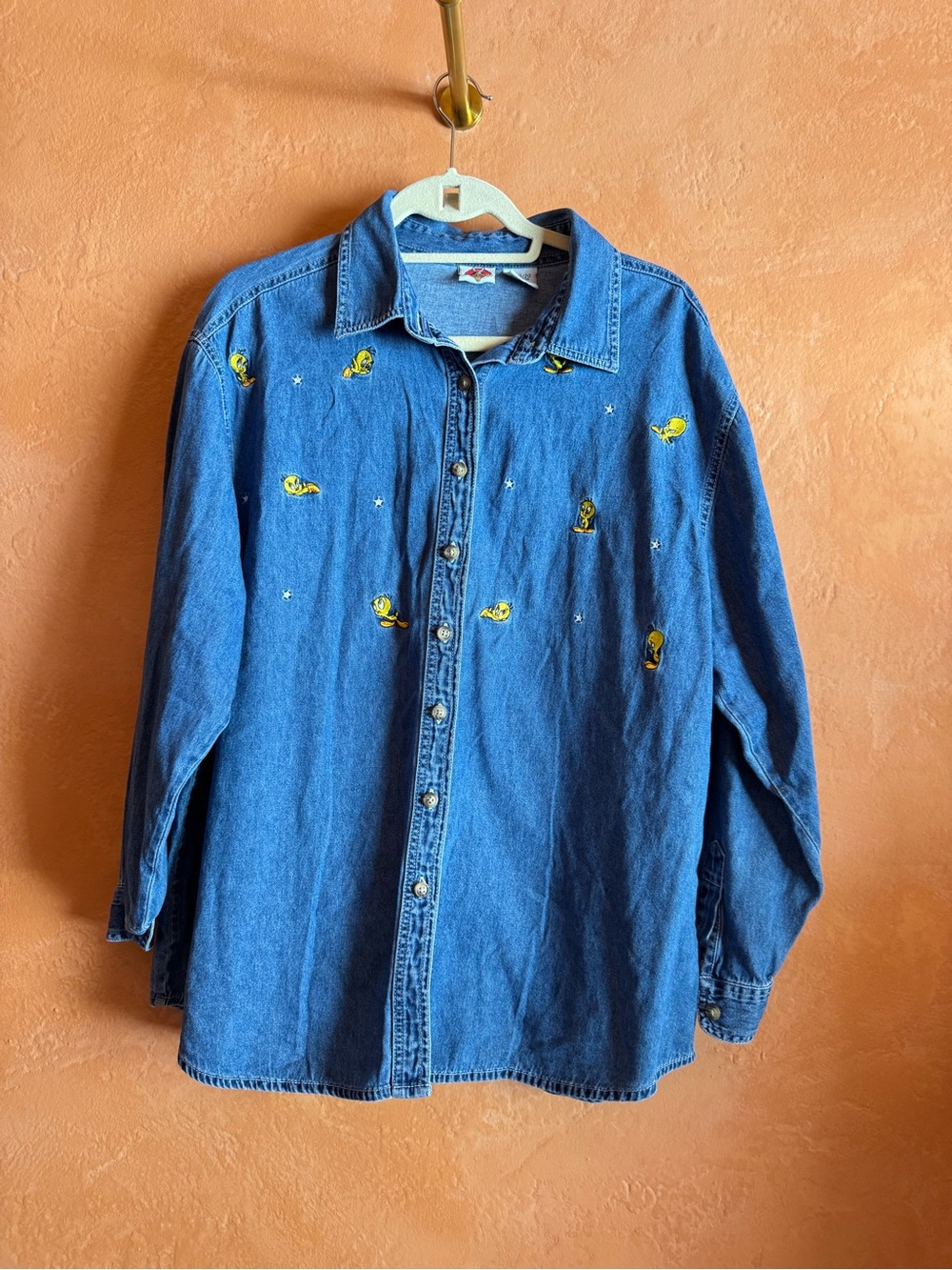 Vintage Looney Tunes Tweety Bird Embroidered Denim Button Down Shirt XL Y2K
